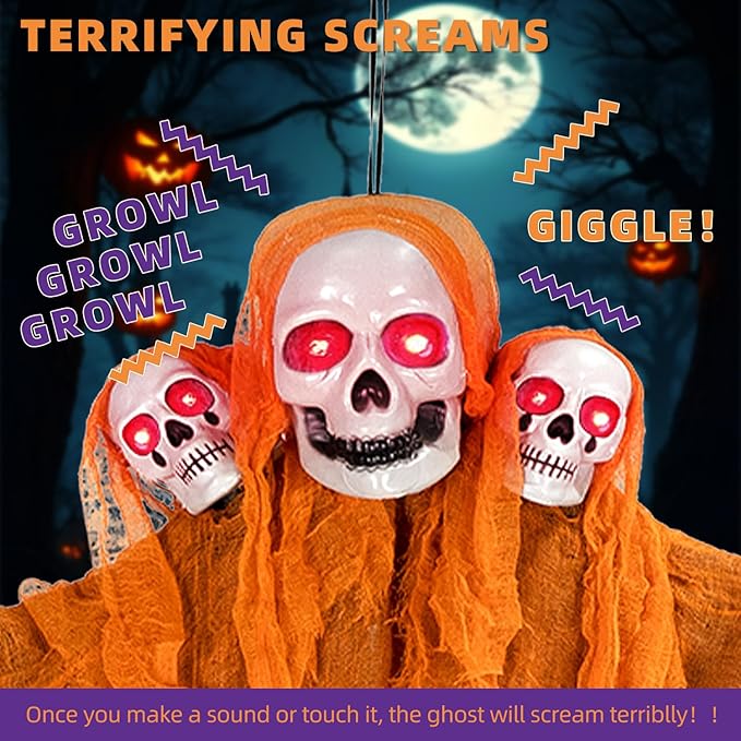 Halloween Decorations Outdoor and Indoor,Halloween Hanging Ghosts,Scary Grim Reaper Skeleton with Light-Up Eyes and Creepy Sound,Scary Party Decorations for Yard,Lawn,Haunted House Decor