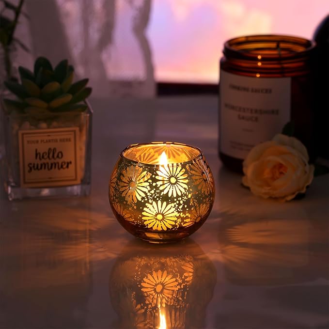 Gold Mercury Glass Votive Candle Holders Set of 12, Round Tealight Candle Holders Bulk for Table Centerpieces, Weddings, Shower Gifts, Party Decorations