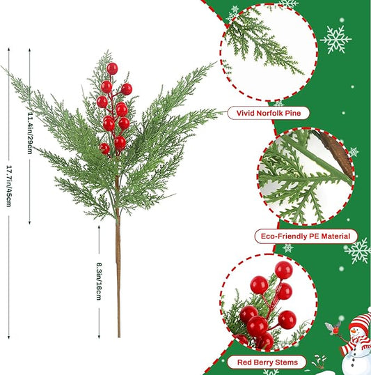HOHOTIME 6 Pcs Christmas Decoration, 17.7 inch Artificial Picks Pine Stems with Berry for Vase, Faux Norfolk Pine Cypress Leaves Branches Fake Foliage Cedar for DIY Craft Xmas Indoor Home Decor