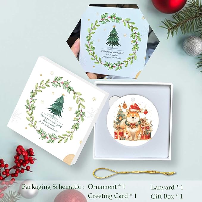 Merry Christmas Ornaments Shiba Inu Round Ceramic Colorful Hanging Ornament Christmas Keepsake Decor for Xmas Tree Winter Holiday Xmas Gift for Women Men 3"
