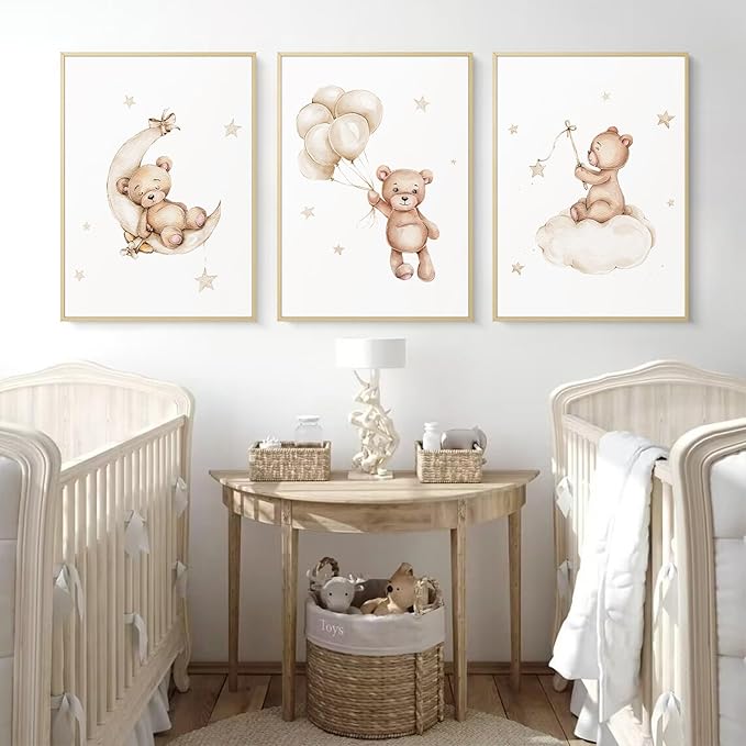 Bear Nursery Wall Art Decor Set of 3 Teddy Bear Canvas Wall Art Baby Boy Nursery Decor Prints Neutral Pictures Moon Star Cloud Print for Girls Children Room 16x24 Inch FRAMED