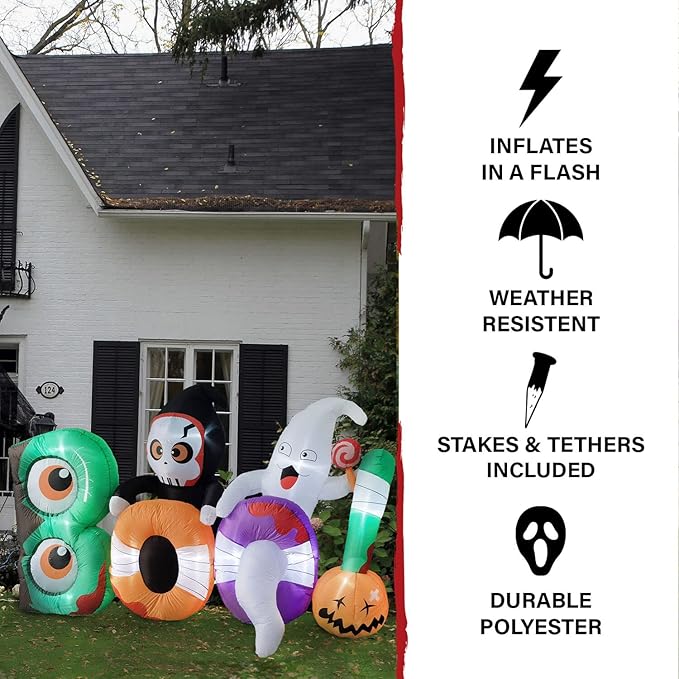 Haunted Hill Farm 8-ft. Wide Reaper and Ghost Boo Sign Blow Up with Lights, Outdoor Halloween Inflatable Decoration for Lawn and Yard, Giant Spooky Holiday Decor