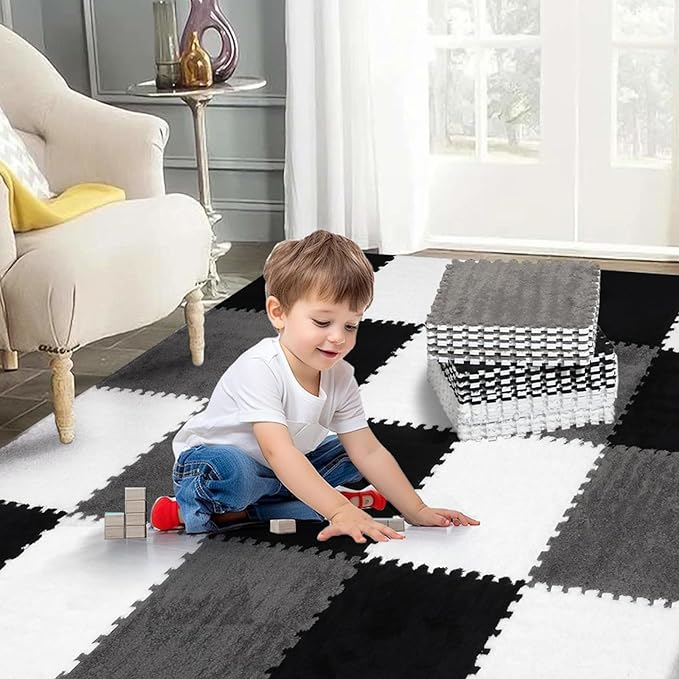 12 Pcs Plush Interlocking Carpet Tiles,Non-Toxic Foam Carpet Tiles for Toddler Baby,Machine-Washable,Anti-Slip,EVA Foam Interlocking Tiles for Floor, Nursery, Playroom,Grey White Black