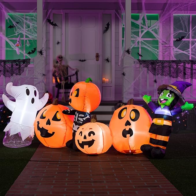 Joiedomi 8 ft Long Halloween Inflatable Three Characters and Pumpkin Patch Outdoor Decoration, Blow Up Inflatables Witch Ghost Skeleton Yard Decorations with LEDs for Party Yard Lawn Garden Decor