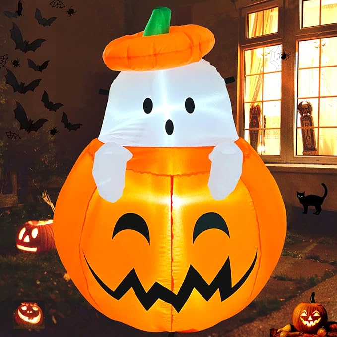 Buheco Inflatable Pumpkin Ghost Halloween Decorations Outdoor Blow Up 4ft Giant Cute Scary Yard Decor Inflatables Built in Led Lights for Indoor Outside Lawn Garden Holiday Fall Family Party Props