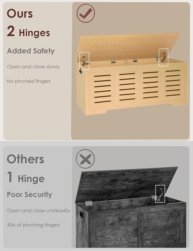 DINZI LVJ Storage Chest, 47.3”Wooden Storage Box with 2 Safety Hinges, Entryway Shoe Bench with Flip-Top, Farmhouse Style Trunk for Living Room, Bedroom, Play Room, Easy Assembly, Natural