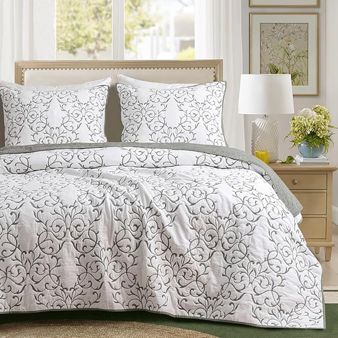 mixinni King Size Quilt 3-Piece Grey Embroidery Floral Pattern Bedspread Coverlet Set, (1 Quilt,2 Pillow Shams)-King Size