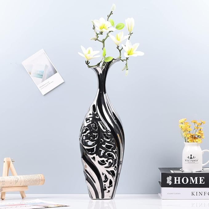 19 inch Tall Floor vase, Black and Silver Ceramic vase, Pottery Decorative vase, Unique Pampas Grass vase Suitable for Living Room Floor, Home Office, Porch Home Centerpiece Decorative Large vase