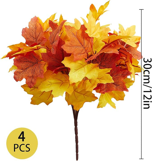 4PCS Fall Decor Maple Leaves Stems Artificial Leaves Silk Maple Leaves Fall Bouquet for Autumn Indoor Outdoor Home Kitchen Fall Floral Arrangements Thanksgiving Decorations Decor Outside Indoor Decor