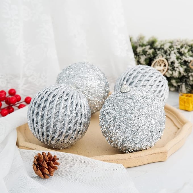 6pcs 3.94" Christmas Ball Ornaments Glitter Shatterproof Christmas Tree Ornaments Sequin Xmas Hanging Balls Decorations for Wedding Party Holiday(Silver, 6pc-10cm)