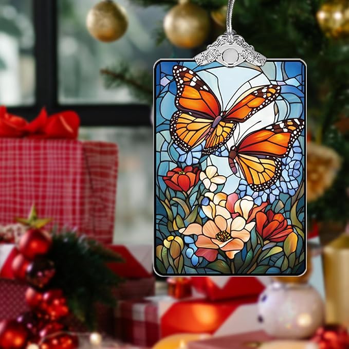 Butterfly Stained Glass Ornament, 2025 Christmas Tree Hanging Decoration for Gift Exchange or Stocking Stuffer, Floral Holiday Decor, 3.8 x 2.4 Inch