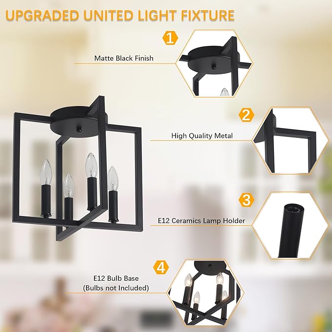 Semi Flush Mount 4-Light Black Ceiling Light, Modern Farmhouse Industrial Light with Geometric Metal Shade, Kitchen, Hallway, Bathroom