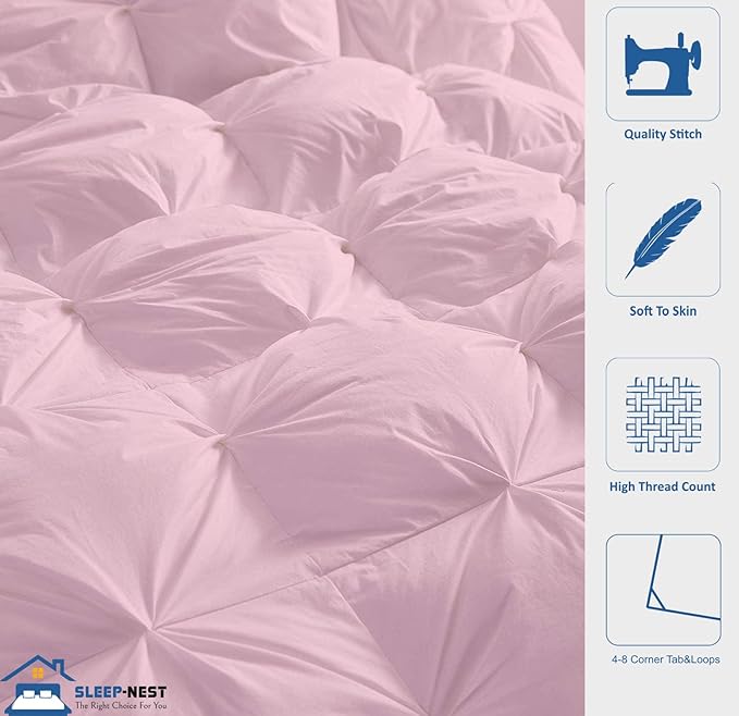 SLEEP-NEST Oversized Queen Comforter 98 x 98 - Hotel Luxury 1 Piece Down Alternative Pinch Pleat Comforter with 8 Corner Tabs - All Season Ultra Soft Pintuck Quilt 350 GSM - Lightweight - Pink