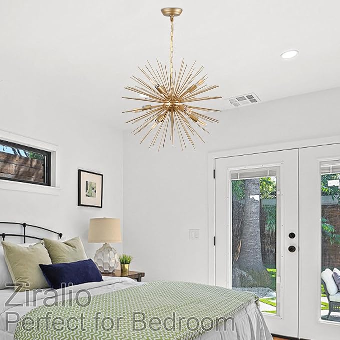 23.8" Modern Golden Sputnik Chandelier 9-Lights Starburst Chandelier Light Fixture Luxury Gold Solid Metal Sputnik Chandeliers for Dining Room, Kitchen, Bedroom, Living Room, Foyer, E12