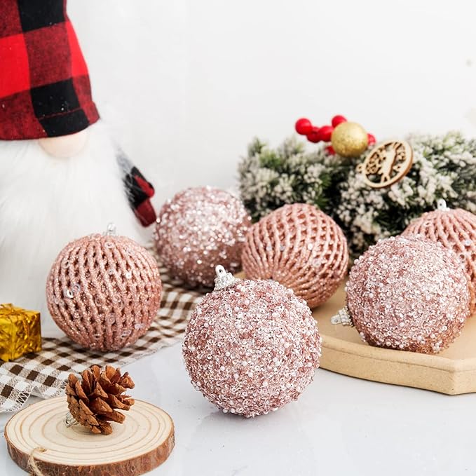 3.15" Christmas Ball Ornaments Glitter Shatterproof Christmas Tree Ornaments Sequin Xmas Hanging Balls Decorations for Wedding Party Holiday(Rose Gold, 12pc-8cm)