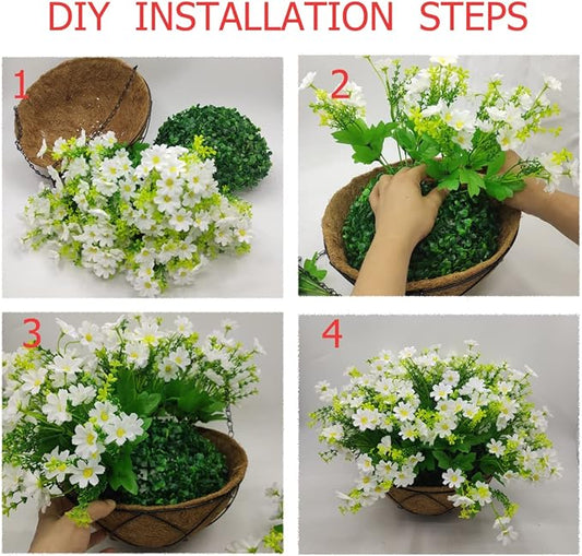 Artificial Hanging Flowers with Basket,Fake Daisy Flowers in 12 inch Coconut Lining Hanging Baskets for The Decoration of Courtyard, Indoors, and Outdoors(White)