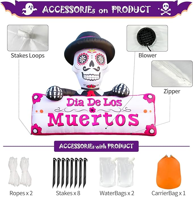 DomKom 6FT Halloween Inflatable Blow Up Decorations, Dia de Los Muertos Day of Dead Banner, Build-in LED Lights Holiday Blow Up Yard Decoration for Halloween Party Outdoor Garden Yard Lawn Decor