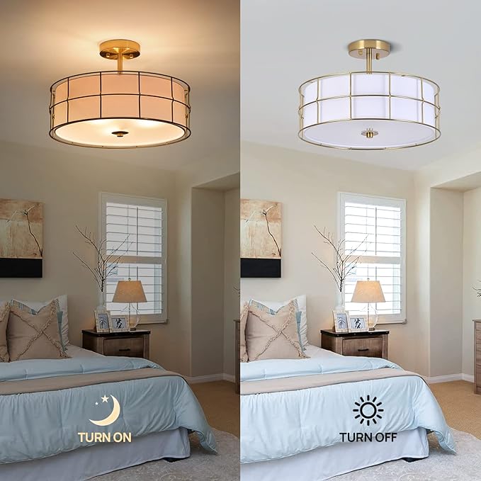 16" Semi Flush Mount Ceiling Light Fixture, 3-Light Golden Metal Mesh Drum Ceiling Light, Modern Close to Ceiling Light Fixtures with White Fabric Shade for Bedroom Living Room Kitchen Hallway