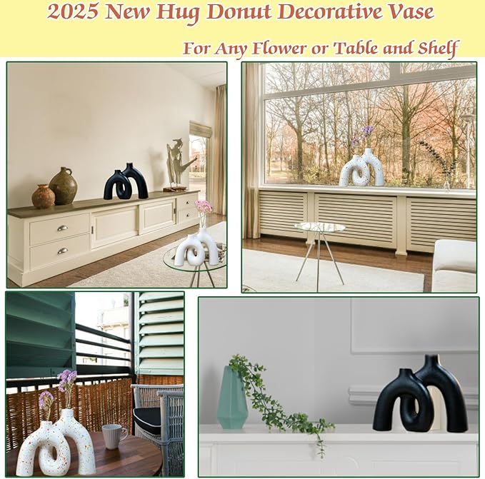 Hug Donut Decorative Vase Set,Minimalist Nordic Boho Style Vases Home Decor,Matte Ceramic Hollow Vase Decorations for Living Room Shelf, Bookshelf Mantle Entryway Table or Console Décor. (Multi)