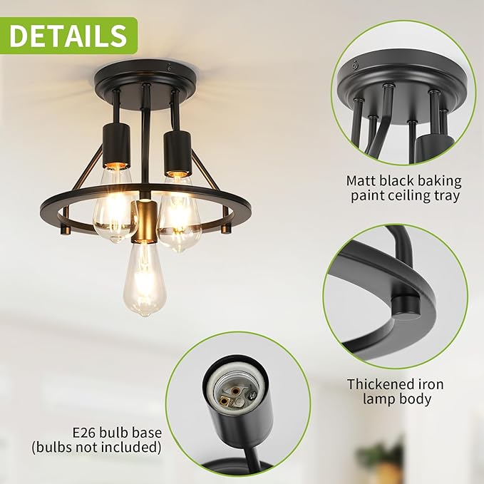 WILON Semi Flush Mount Ceiling Light 3-Light Ceiling Light Fixtures - Black Hallway Light Fixtures Farmhouse Industrial Kitchen Light Fixtures E26 Socket Ceiling Lamp for Foyer