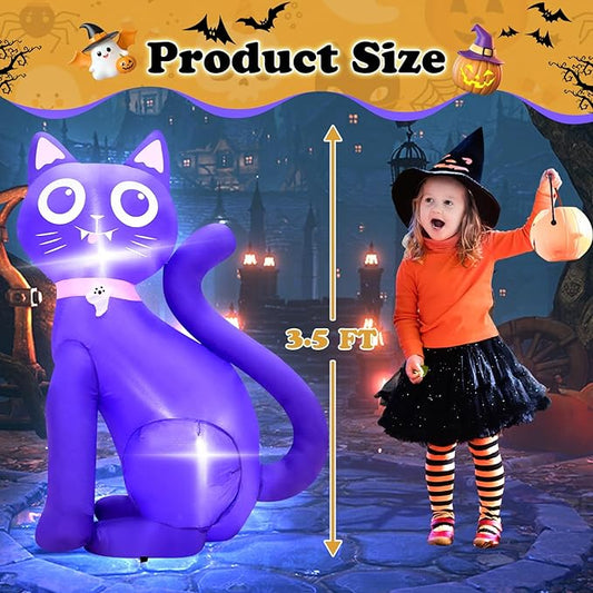 3.5FT Inflatable Decor Purple Cat Halloween Decoration with LED Lights Indoor Outdoor Halloween Horror Blow Up Decor Party Holiday Decoration