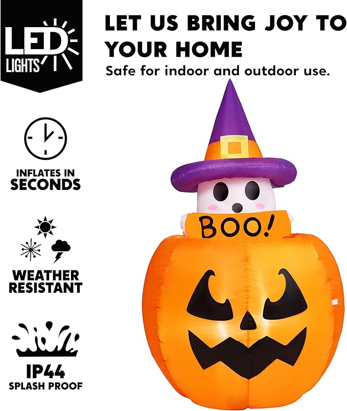 Joiedomi 5ft Tall Halloween Animated Inflatables Outdoor Decorations, Inflatable Ghost on Pumpkin with LEDs, Cute Blow Up Pumpkin Ghost Decor for Outside Yard Outdoor Lawn Garden Party Decoration