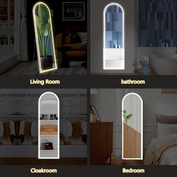 Sweetcrispy 63"x20" Mirror Full Length Standing Mirror with LED Lights, Lighted Floor Mirror with Stand, w/Dimming & 3 Color Lighting, Wall Mirror Full Length Aluminum Alloy Thin Frame, White