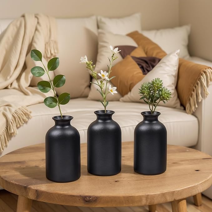 Black Vase for Flowers-Set of 6 Ceramic Small Bud Vases for Flowers & House Plants, Modern Minimalist Decorative Vases, Ceramic Vases for Centerpieces, Home, Shelf, Office, Table, Mantel Decor