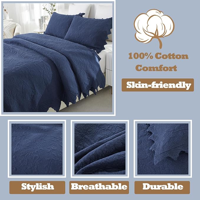 Brandream Queen Size Quilt Set Cotton Navy Blue Farmhouse Florals and Vines Matelasse Coverlet Set Scalloped Edge Quilts 3-Piece