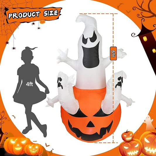 Dearsun 6FT H Halloween Inflatable Pumpkin Ghosts with Build-in LED Lights, Blow up Halloween Inflatable for Indoor Outdoor Party Garden Lawn Holiday Decor (Three Ghosts with Pumpkin)