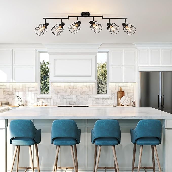 WILON Track Lighting Kit 6 Way Ceiling Spotlight-Industrial Flush Mount Ceiling Light Black Kitchen Ceiling Light Fixtures Kitchen Track Lighting Flexibly Rotatable Light Head E26 Base