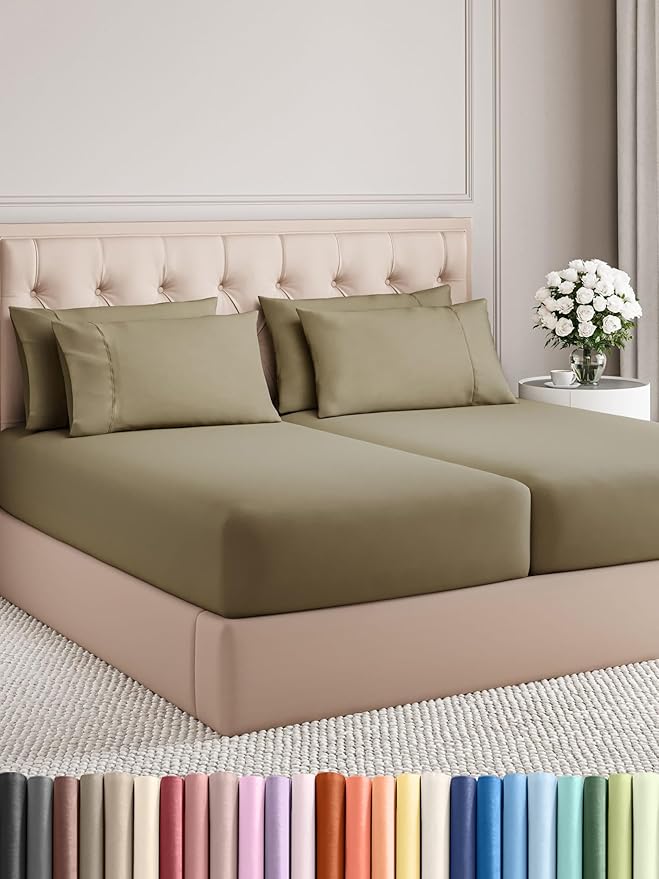 CGK Linens Split King 7 Piece Sheet Set - Cooling Sheets for Hot Sleepers - Hotel Luxury Bedding Set with 8-16 Inch Deep Pockets - 1 Flat & 2 Fitted & 4 Pillowcases - Soft & Wrinkle Free - Split King