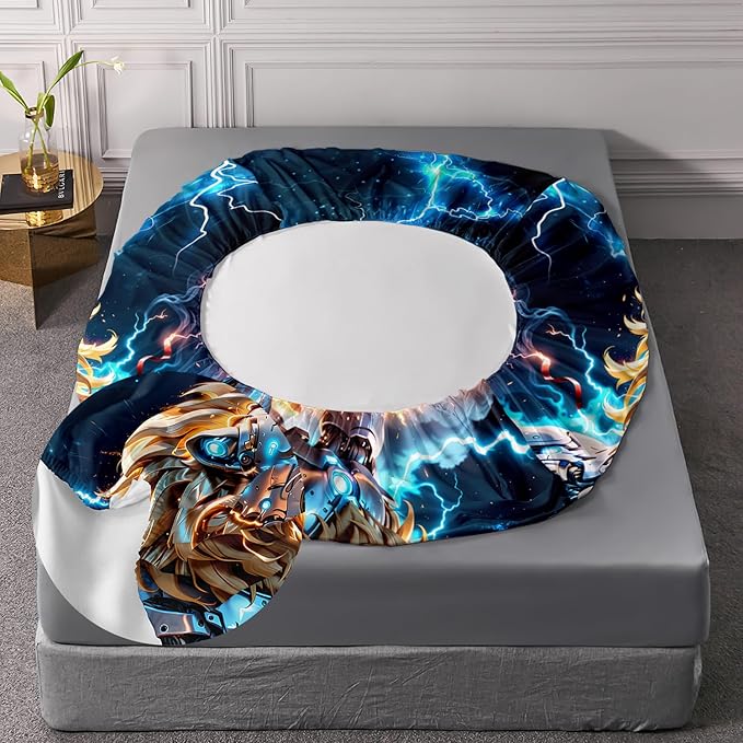 AILONEN Boys Lion Fitted Sheet Set Twin Size, Safari Animal Lion Blue Lightning 3 Pieces Printed Kids Bed Sheet Set,Wildlife Fitted Sheet with 2 Pillowcases