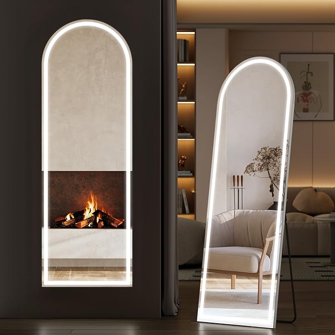 Sweetcrispy Arched Full Length Mirror with LED Lights, 60"x16" Lighted Floor Mirror with Stand, Dimming & 3 Color Lighting, Stand for Bedroom, Dressing Room