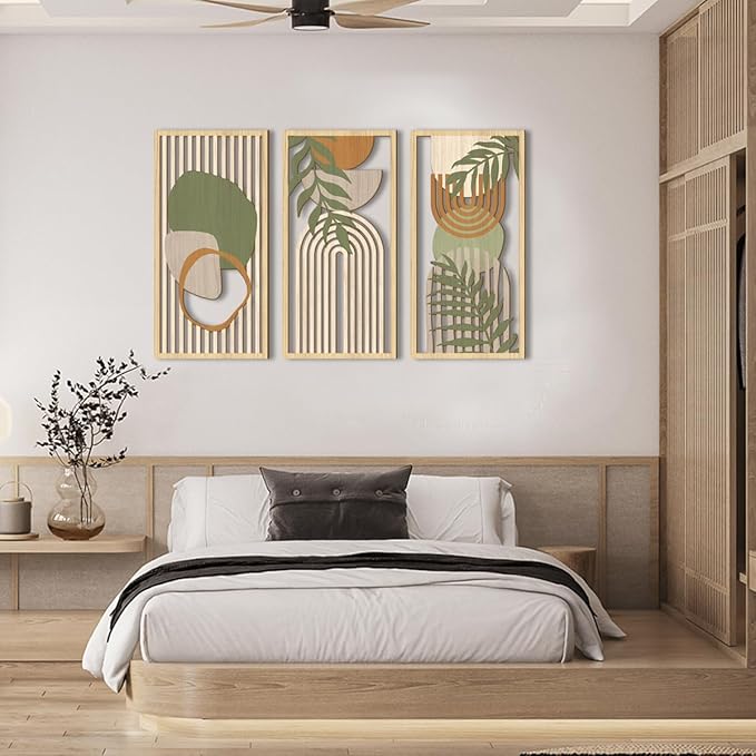 IARTTOP Large Sage Green Abstract Boho Wall Art Set Of 3 Geometric Wood Wall Art Mid Century Modern Artwork Neutral Bohemian Wall Decor for Living Room Bedroom Office-16 x 32 Inch
