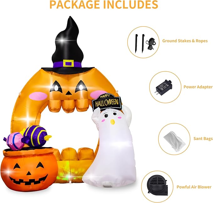 5 Feet Halloween Inflatable Pumpkin Outdoor Decoration with LED Lights, Blow up Halloween Ghost Hollowed Out Archway Pumpkin Inflatable Decor for Indoor Outdoor Yard Halloween Party Photo Spot