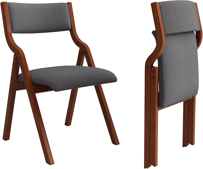 Folding Dining Chairs Set of 2, Upholstered Kitchen Chair with Padded Seat & Backrest, Modern Side-Chair with Wood Legs,No Assembly Needed,Dark Grey+Cherry