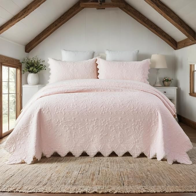 Brandream Queen Size Quilt Set Cotton Light Pink Quilts Farmhouse Bedding Set Matelasse Coverlet Set Scalloped Edge Quilts 3-Piece
