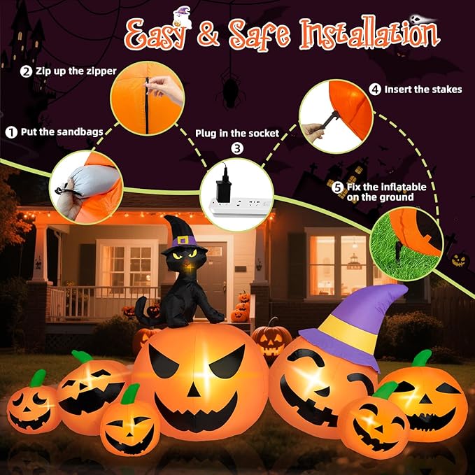 8FT Long Halloween Inflatables Pumpkin Outdoor Decorations, 7 Blow Up Pumpkins Inflatables with Witch Hat & Black Cat Built-in LED Lights for Halloween Party Yard Garden Lawn Decorations