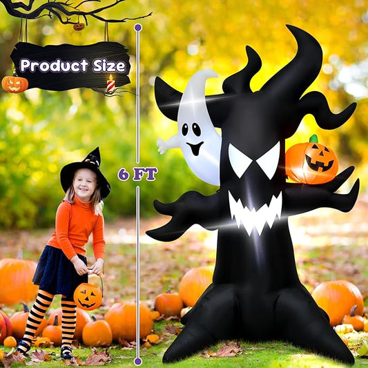 Spooky 6FT Halloween Inflatable Decor Ghost Tree with Pumpkin Indoor Outdoor Haunted Yard Decoration with LED Lights, Halloween Blow Up Lawn Garden Party Decorations