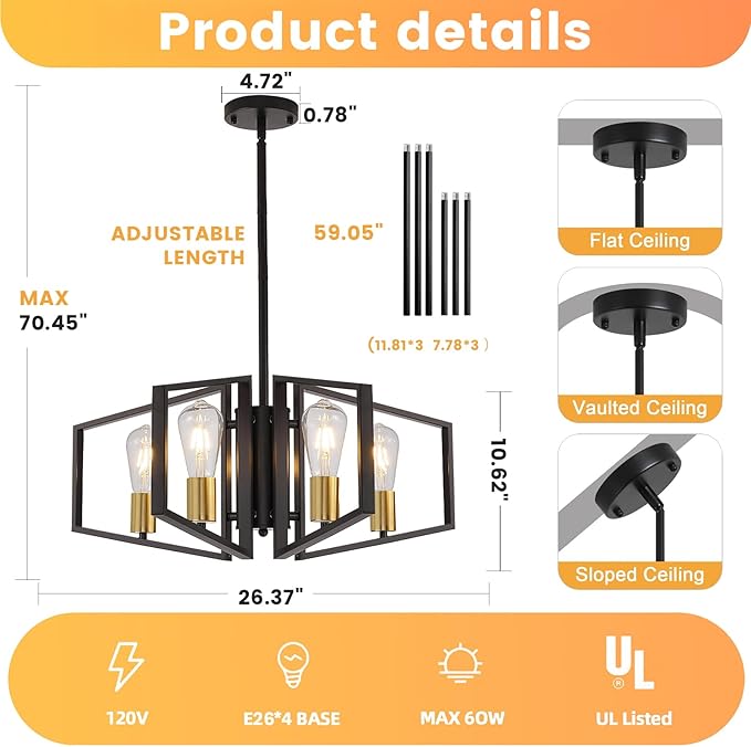 4-Light Black and Gold Chandelier, Lantern Geometric Ceiling Light Fixtures, Dining Room Light Fixtures Over Table, Modern Farmhouse Hanging Pendant Lights for Kitchen Island, Bedroom, Foyer, Entryway