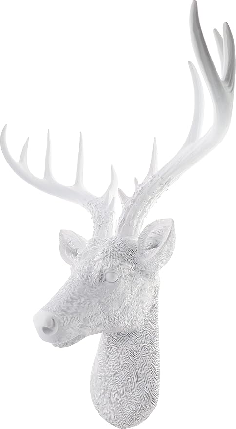 Top Brass 12 1/2" Faux White Deer Head/White Antlers Wall Decor - Modern Minimalism Taxidermy Art Sculpture