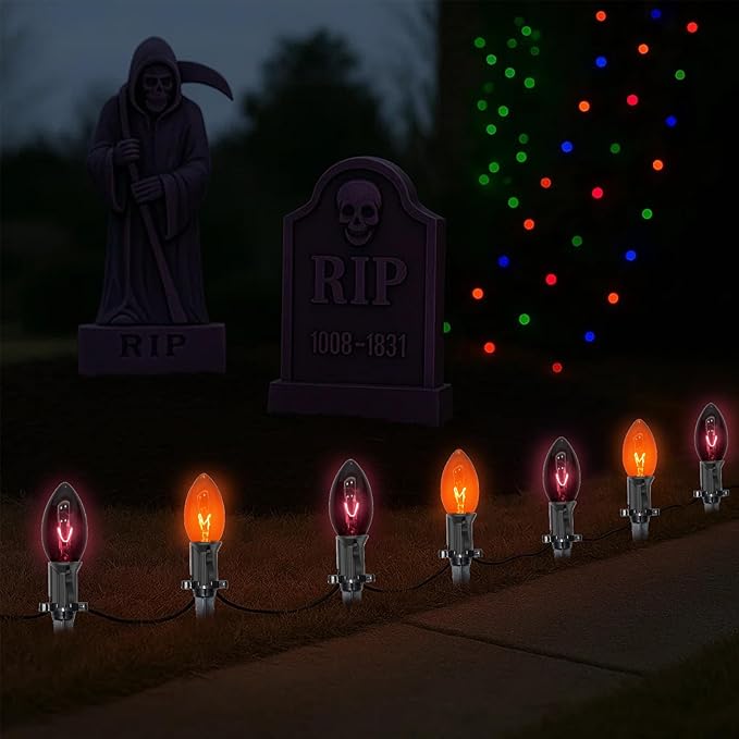 Halloween Pathway Lights Outdoor,10 Pack Halloween Party Decor Stake Lights with C9 Clear Black&Orange Bulbs,19.5Ft Extendable Waterproof Walkway Lights for Yard Porch Lawn Garden