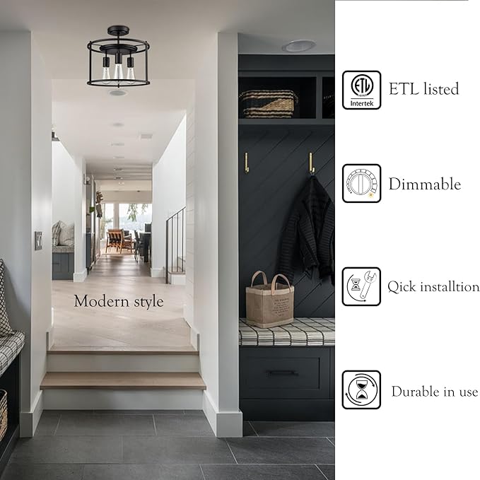 Farmhouse Semi Flush Mount Ceiling Light Industrial Kitchen Ceiling Light Matte Black for Bedroom, Living Room, Hallway, Entryway, Proch