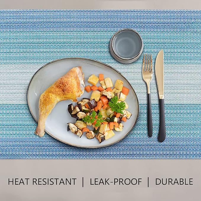 HeloHo Placemats Set of 4,Vinyl Table Place Mats Stain Resistant Foldable Placemats Washable Wipeable Placemat for Kitchen Dining Table Decoration Indoor Outdoor(Blue)