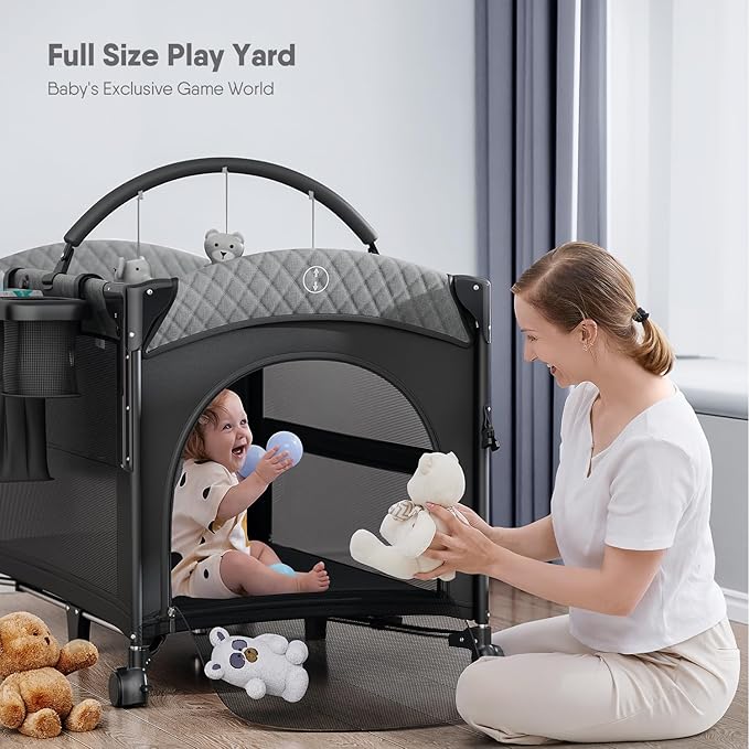 4 in 1 Baby Bassinet, Pack and Play, Bedside Crib Sleeper, Diaper Changer - Comes with Mattress, Mosquito Net,Bottom Storage and Toy Bar for Newborn to Toddles