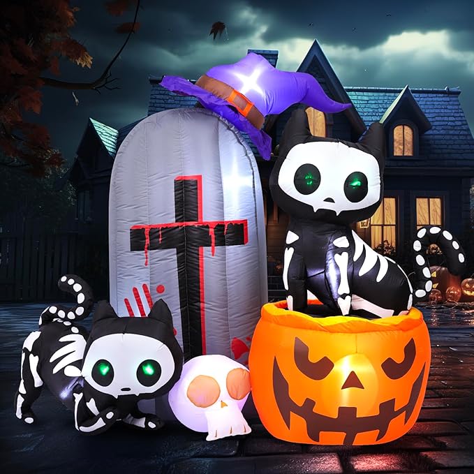 Max Fun 6FT Halloween Inflatables Skeleton Cat Pumpkin with LED Build-in Yard Decoration Blow Up Inflatables for Outdoor Indoor Garden Lawn