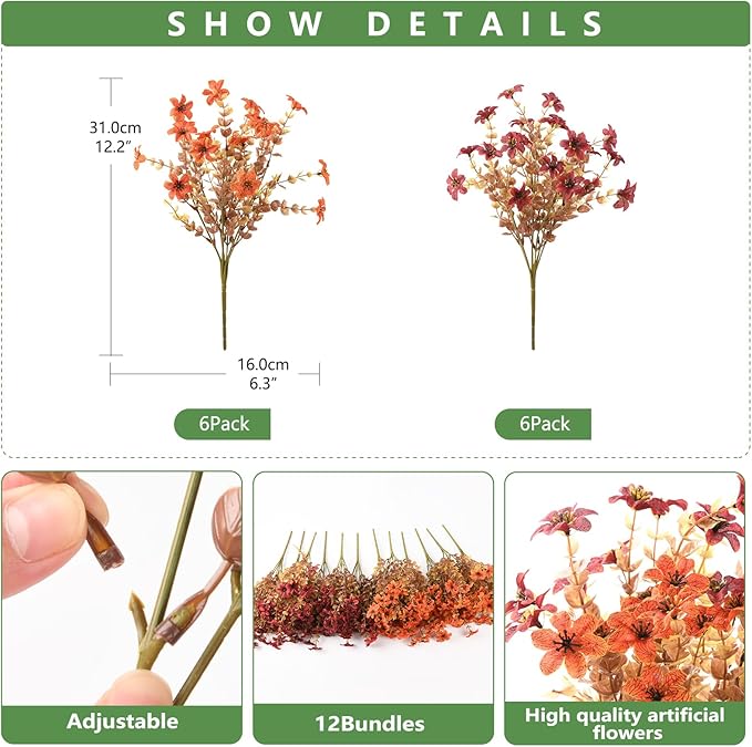 Artificial Mums Fake Fall Flowers for Outdoors Decoration, 12 Bundles Realistic Autumn Silk Daisy Faux Plants UV Resistant Decor for Home Garden Porch Patio Yard Balcony Window (Orange Brown)