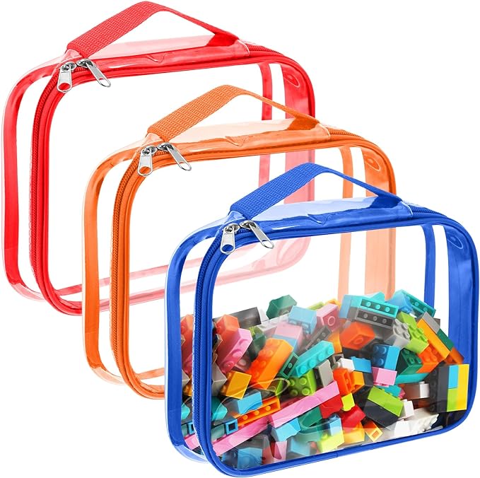 Sanwuta 3 Packs Toy Storage Bags with Zipper, Clear PVC Organizing Bags, Waterproof Toy Bags for Board Games, Building Blocks, Toys and Kids Books (Red, Blue, Orange,12.6 x 9 x 2.36 Inch)