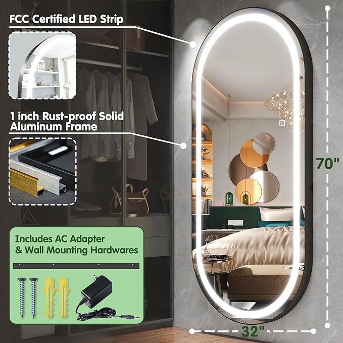 FENNIO 70" x 32" Large Luxury Wall Mounted Mirror with LED Lights - Oval Full Length LED Lighted Full Body Dressing Mirror for Bedroom, Salon, Brushed Aluminum Frame, Tempered Glass